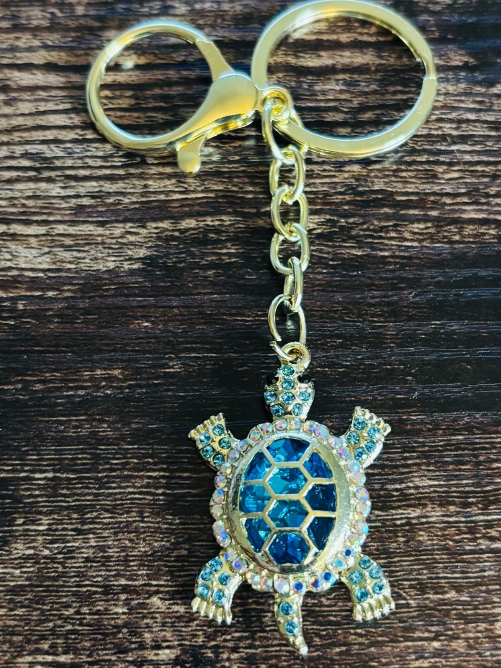 Gold Tone Turtle Keychain with Blue Crystal Rhinestone  Shell